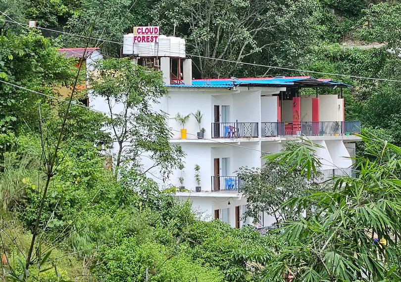 Cloud Forest hotel entrance at night with decorative lighting